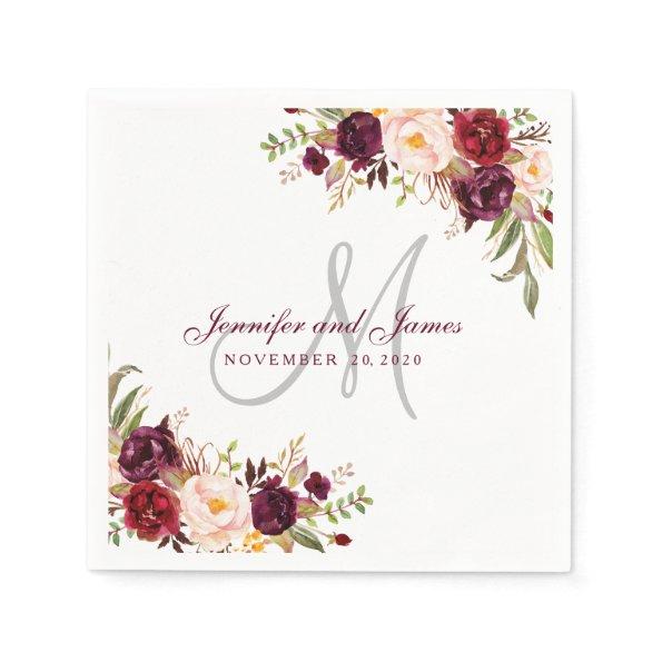 Burgundy Floral Elegant Monogram Rustic Wedding Napkins