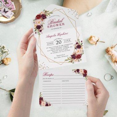 Burgundy Floral Geometric Bridal Shower Recipe All In One Invitations