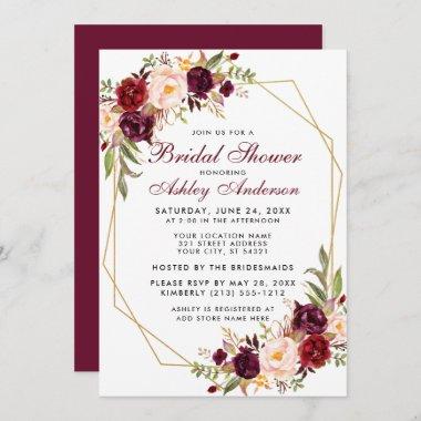 Burgundy Floral Geometric Gold Frame Bridal Shower Invitations