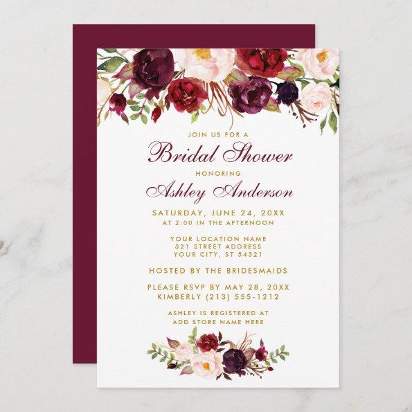 Burgundy Floral Gold Bridal Shower Invitations BB