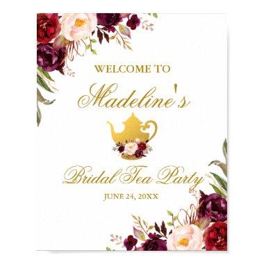 Burgundy Floral Gold Bridal Shower Tea Welcome Poster