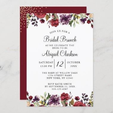 Burgundy Floral Gold Foil Bridal Brunch Shower Invitations