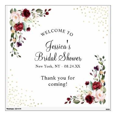 Burgundy Floral Gold Foil Bridal Shower Welcome Wall Decal