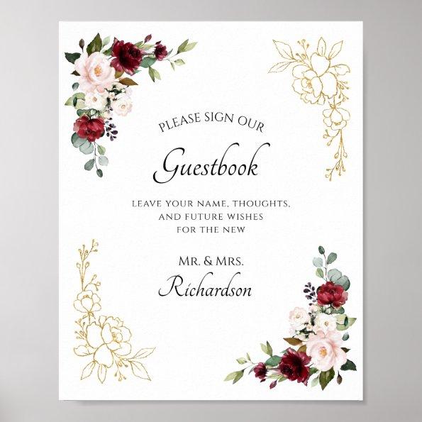 Burgundy Floral Gold Foil Sign Our Guestbook Sign