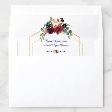 Burgundy Floral Gold Hexagon Frame Wedding Envelope Liner