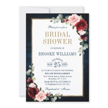 Burgundy Floral Gold Navy Blue Bridal Shower Invit Invitations