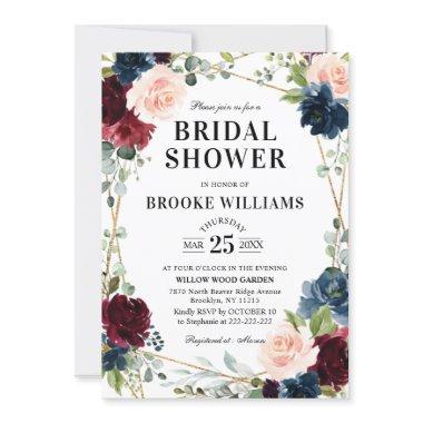 Burgundy Floral Gold Navy Blue Bridal Shower Invitations