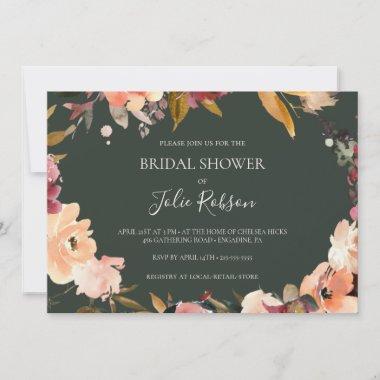 Burgundy Floral | Green Horizontal Bridal Shower Invitations
