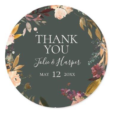 Burgundy Floral | Green Thank You Wedding Favor Classic Round Sticker