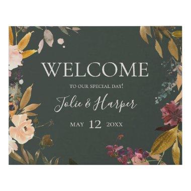 Burgundy Floral | Green Welcome Faux Canvas Print