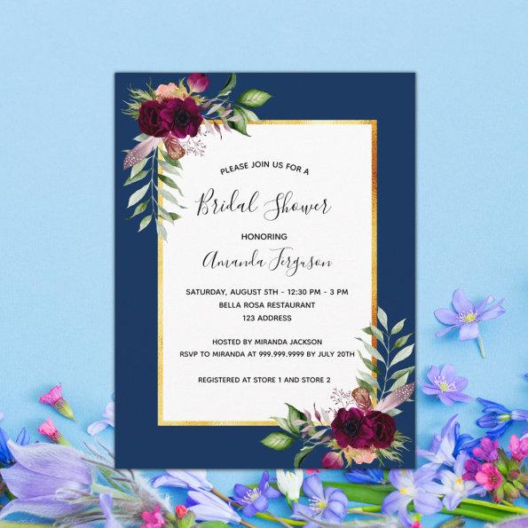 Burgundy floral navy blue bridal shower invitation postInvitations