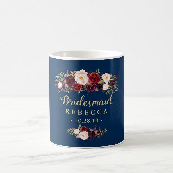 Burgundy Floral Navy Blue Bridesmaid Wedding Favor Coffee Mug