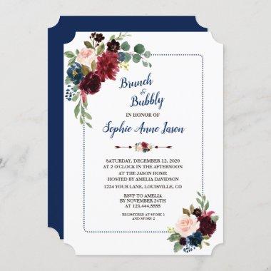 Burgundy Floral Navy Blue Frame Bridal Shower Invitations