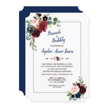 Burgundy Floral Navy Blue Frame Bridal Shower Invitations