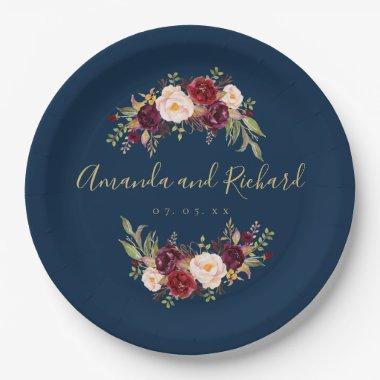Burgundy Floral Navy Blue Gold Engagement Party Paper Plates