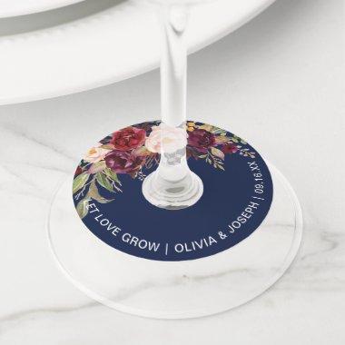 Burgundy Floral Navy Blue Wedding Wine Glass Tag