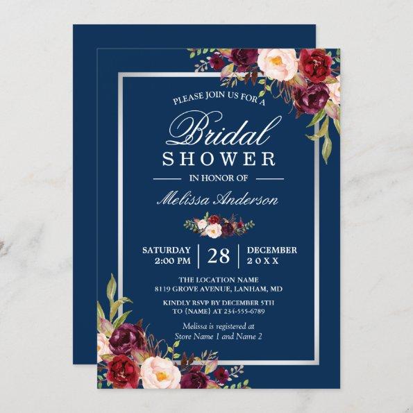 Burgundy Floral Navy Blue Winter Bridal Shower Invitations