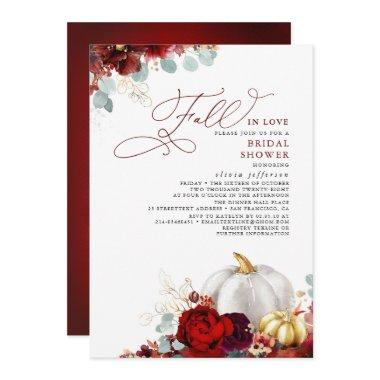 Burgundy Floral Pumpkin Fall In Love Bridal Shower Invitations