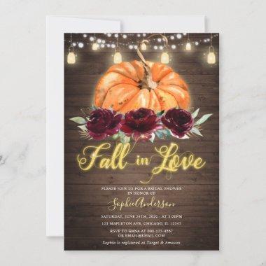 Burgundy Floral Pumpkin Fall in Love Bridal Shower Invitations