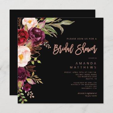 Burgundy Floral Rose Gold Black Bridal Shower Invitations