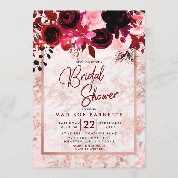 Burgundy Floral Rose Gold Bridal Shower Invitations