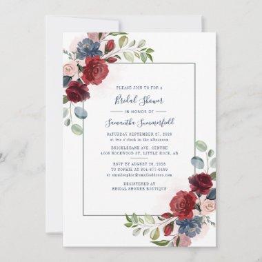 Burgundy Floral Rustic Script Bridal Shower Invitations