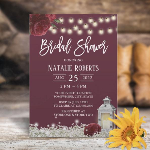 Burgundy Floral Rustic Wood Lantern Bridal Shower Invitations