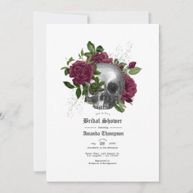 Burgundy Floral Skull Gothic Bridal Shower Invitations