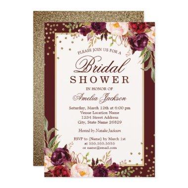 Burgundy floral Sparkle Bridal Shower Invitations