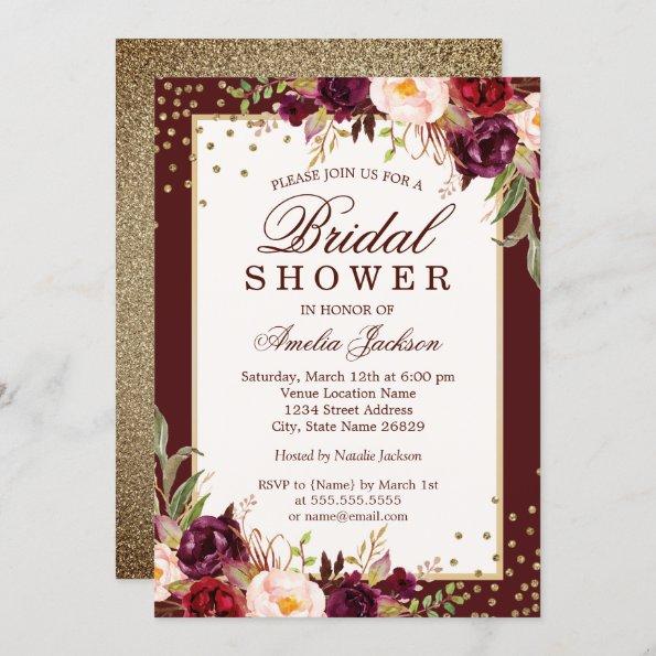 Burgundy floral Sparkle Bridal Shower Invitations