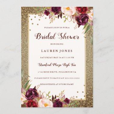 Burgundy floral Sparkle Gold Bridal Shower Invitations