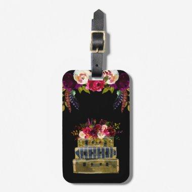 Burgundy Floral Stack of suitcases Luggage Tag