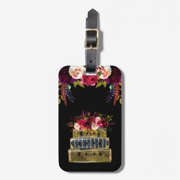Burgundy Floral Stack of suitcases Luggage Tag