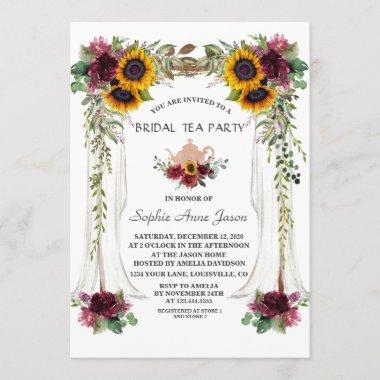 Burgundy Floral Sunflower Canopy Bridal Tea Party Invitations