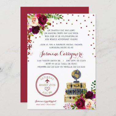 Burgundy Floral Travel bridal shower Invitations