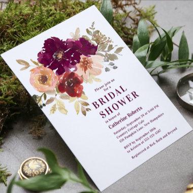 Burgundy Floral Watercolor Modern Bridal Shower Invitations