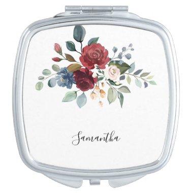 Burgundy Floral Watercolor Script Bridesmaid Compact Mirror