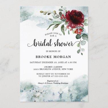 Burgundy Floral Winter wonderland Bridal Shower Invitations