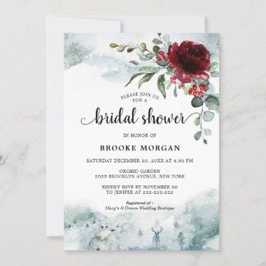 Burgundy Floral Winter wonderland Bridal Shower Invitations