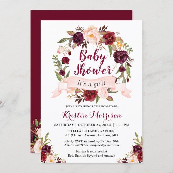 Burgundy Floral Wreath Blush Ribbon Baby Shower Invitations
