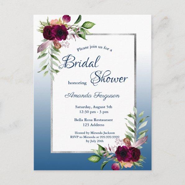 Burgundy florals blue bridal shower invitation postInvitations