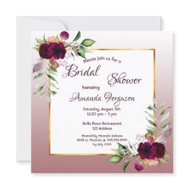 Burgundy florals gold cinnamon rose bridal shower Invitations