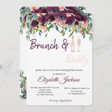 Burgundy Flowers Brunch & Bubbly Bridal Shower  Invitations