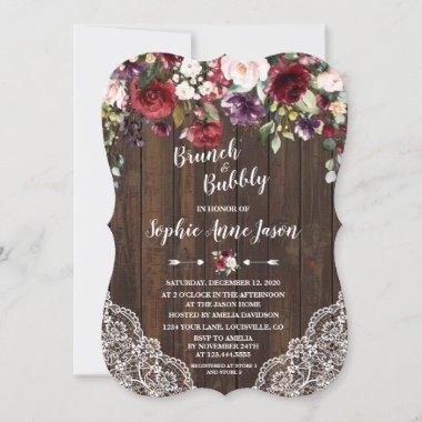 Burgundy Flowers Brunch & Bubbly Bridal Shower Invitations
