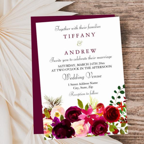 Burgundy Flowers Floral Elegant Summer Wedding Invitations