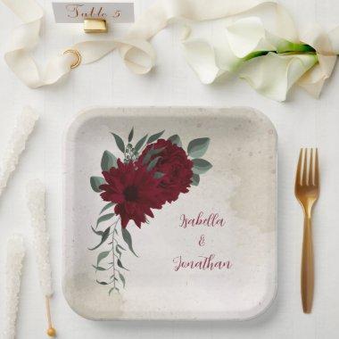 Burgundy flowers greenery paper plates