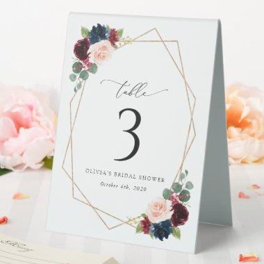 Burgundy Flowers, Navy Flowers, Table Numbers Table Tent Sign
