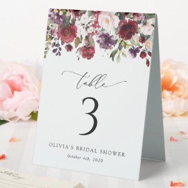 Burgundy Flowers, Pink Flowers, Boho Table Numbers Table Tent Sign