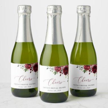 Burgundy Flowers, Red Flowers, Boho, Bridal Shower Sparkling Wine Label