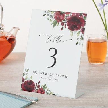 Burgundy Flowers, Red Flowers, Boho, Table Numbers Pedestal Sign